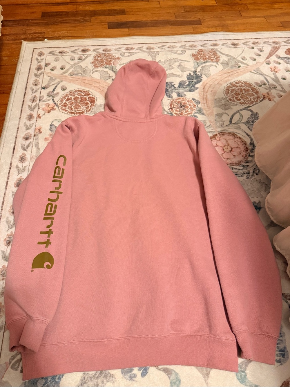 Carhartt Women’s Pink Crewneck Hoodie with Brown Logo Sleeve - Picture 2 of 4